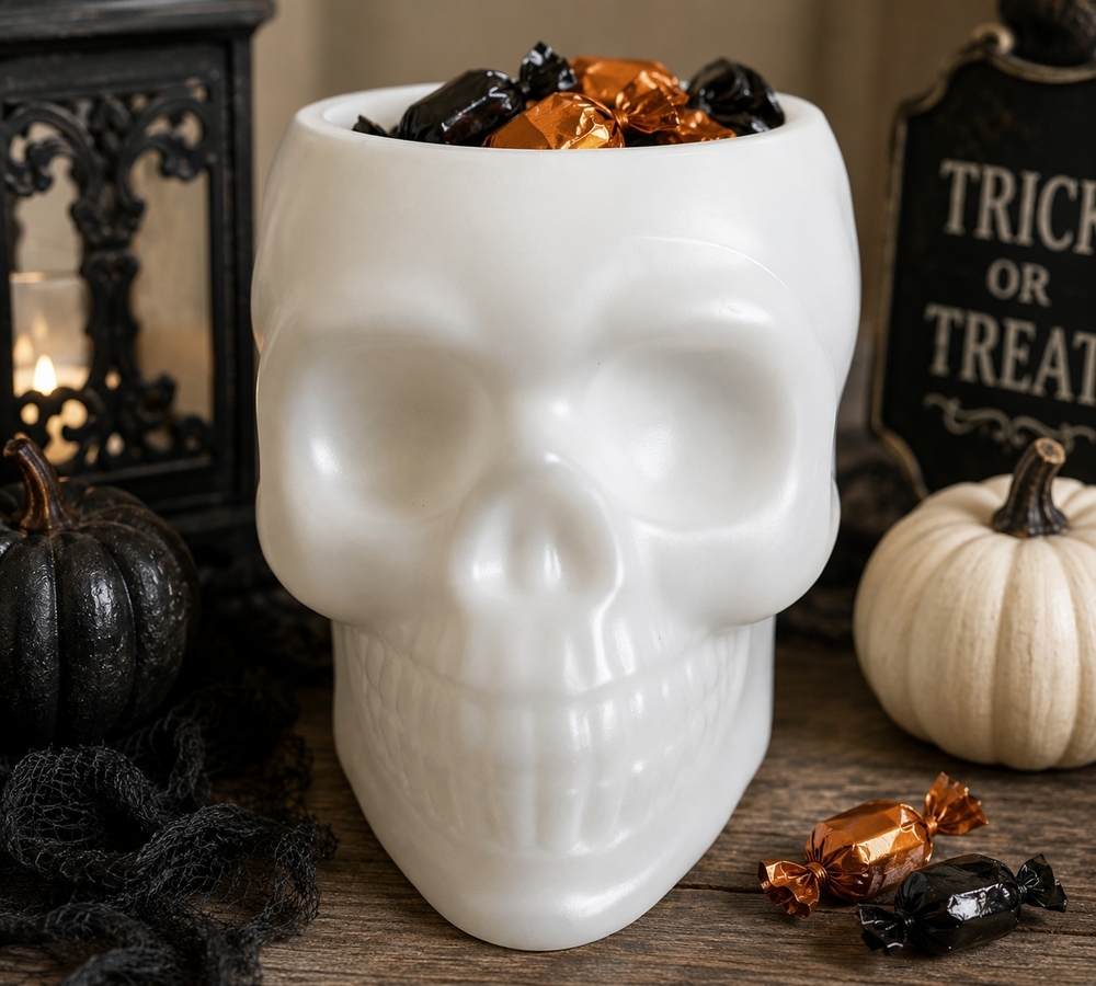 White Skull Shaped Candy Bowl Planter Halloween Gothic Decor Matte VG